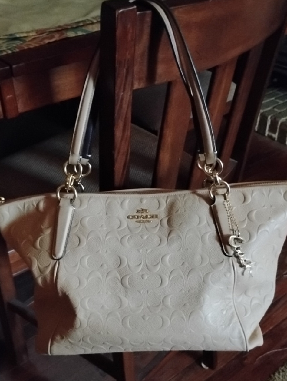 Coach Embossed Signature Leather Shoulder Bag in Cream